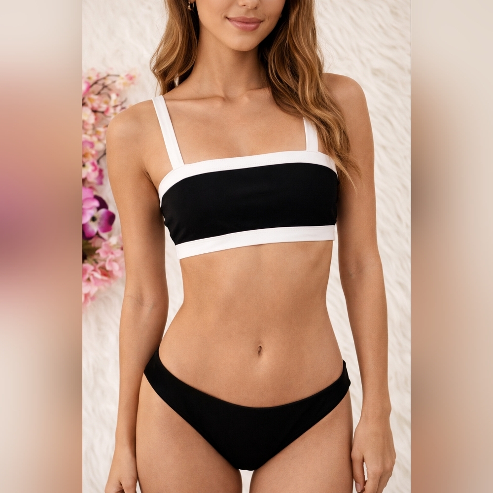 Forever 21 Size S Swimsuit Top Black White Minimalist Bandeau Style
